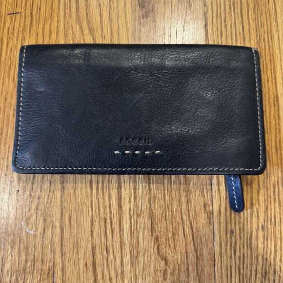 Fossil Black Pebbled Leather Bi Fold Wallet Check Book Credit Cards Coins Zipper - Picture 1 of 12